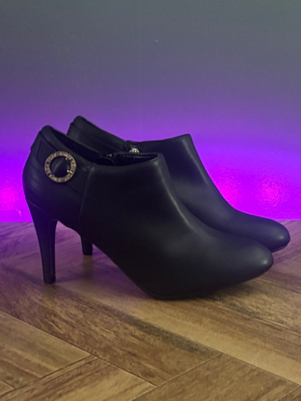 Sexy Jones New York Black Ankle Heel Booties with Gold Ring